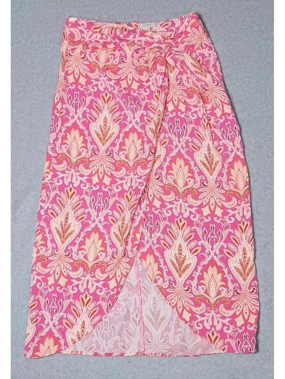 Loft Open Tie Knot Midi Skirt Womens Size 4 Pink And Orange Psisley Print Zip Up